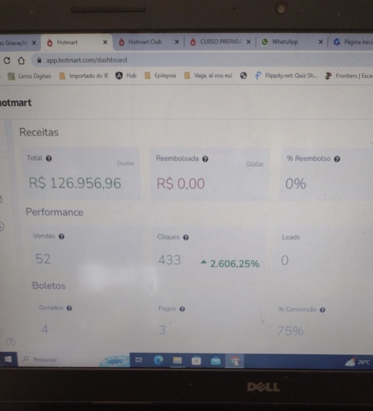 Dashboard do Hotmart mostrando R$126 mil em vendas com 0% reembolso