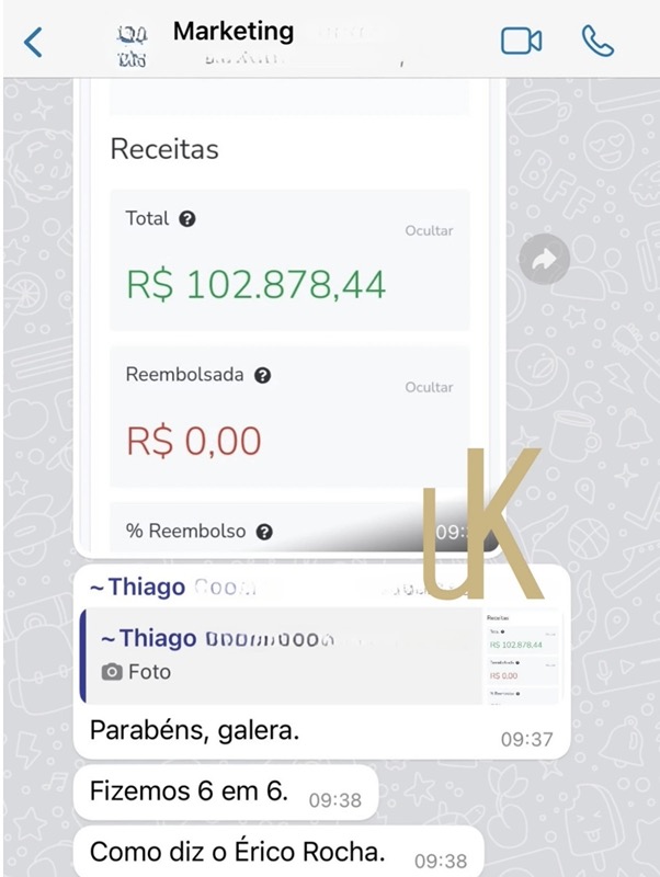 Print do WhatsApp mostrando resultado de R$102 mil em vendas