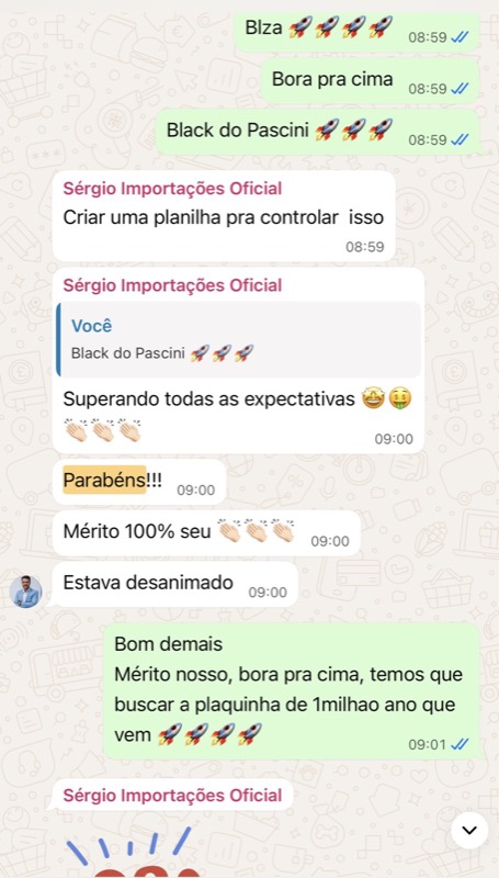 Mensagem WhatsApp do parceiro Pascini comemorando resultados acima das expectativas